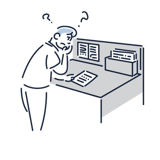 書類を前に、どう書けばよいか迷っている人のイラスト