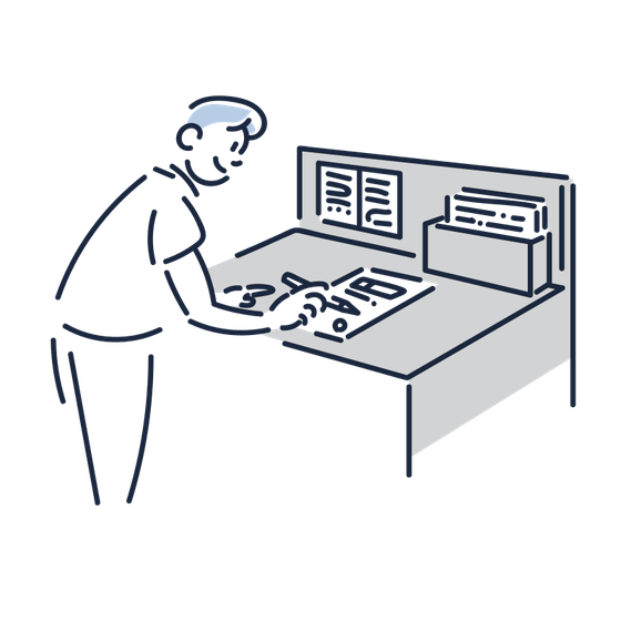 机で書類に記入している人のイラスト